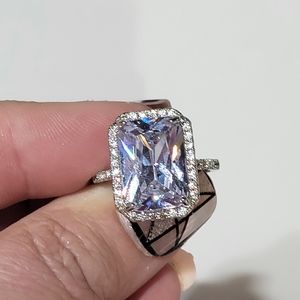 LARGE emerald cut crystal halo ring silver